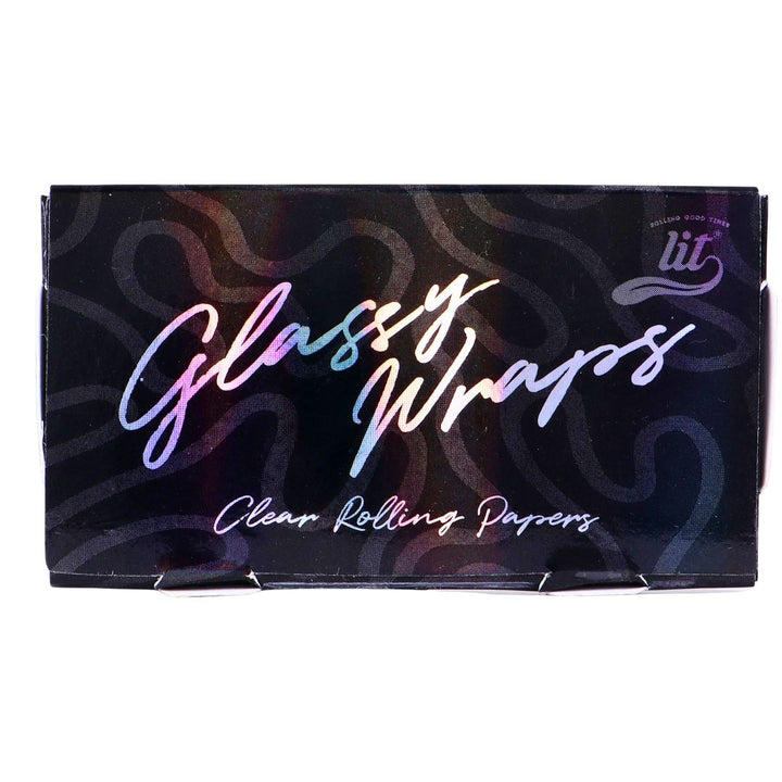 Pack of 'Glassy Wraps' clear rolling papers with colorful text on a black background