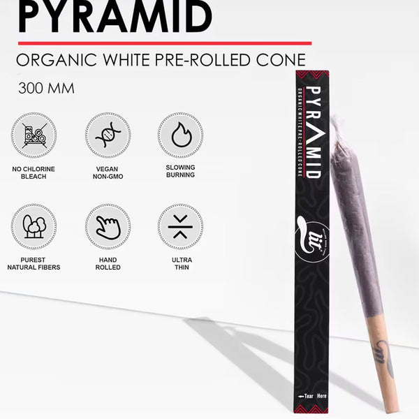 Pyramid organic white pre-rolled cone packaging with product and brand details.