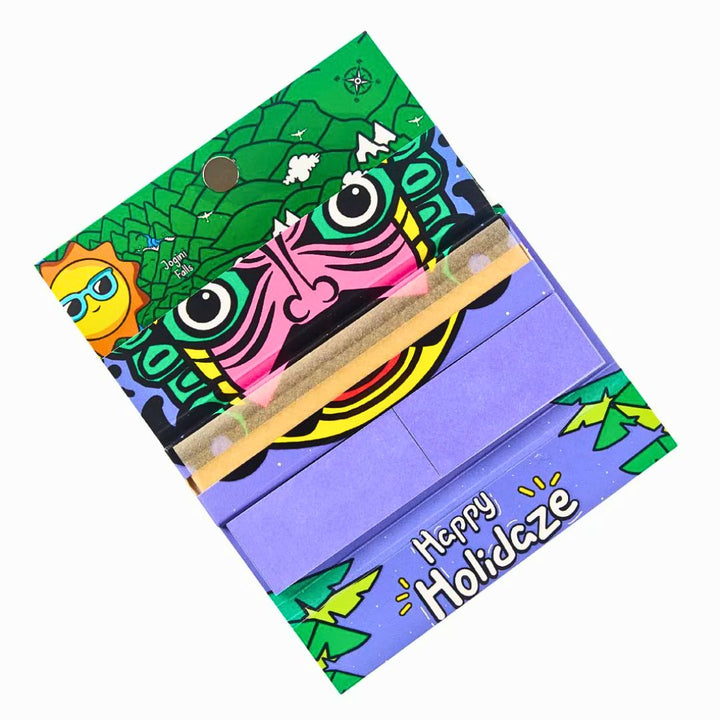 Colorful Rolling paper pack with a face design and 'Happy Holidaze' text on a white background