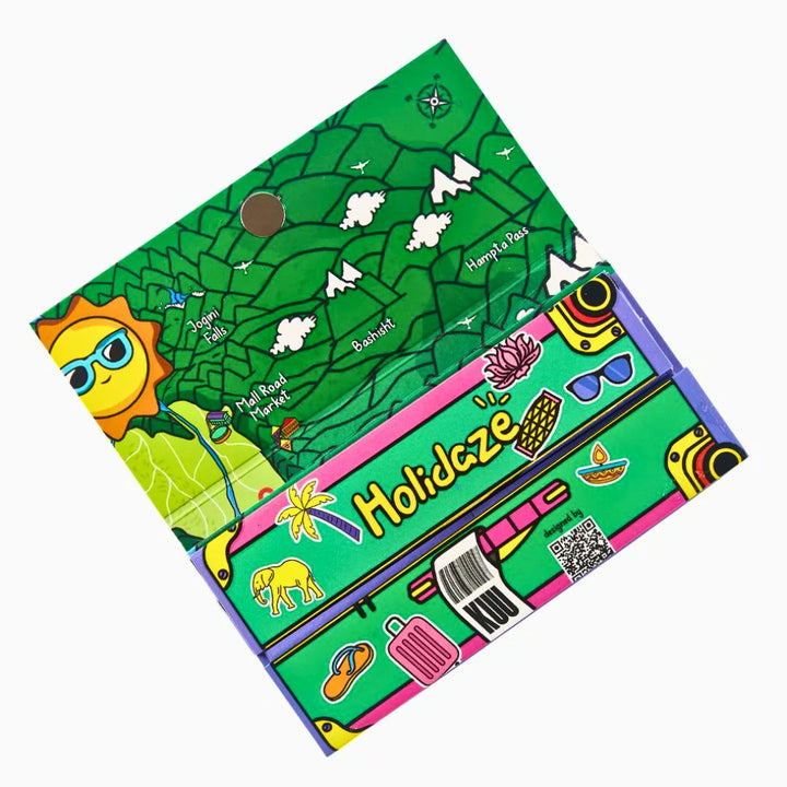 Colorful product packaging with 'Holidaze' branding on a white background