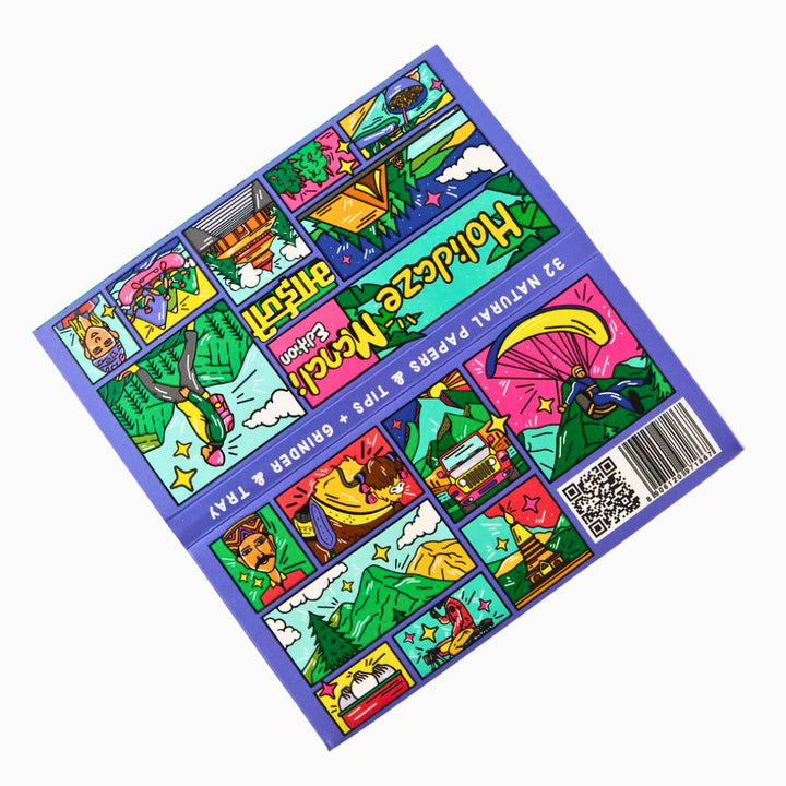 Colorful Rolling Paper pack of a product with various illustrations on a white background