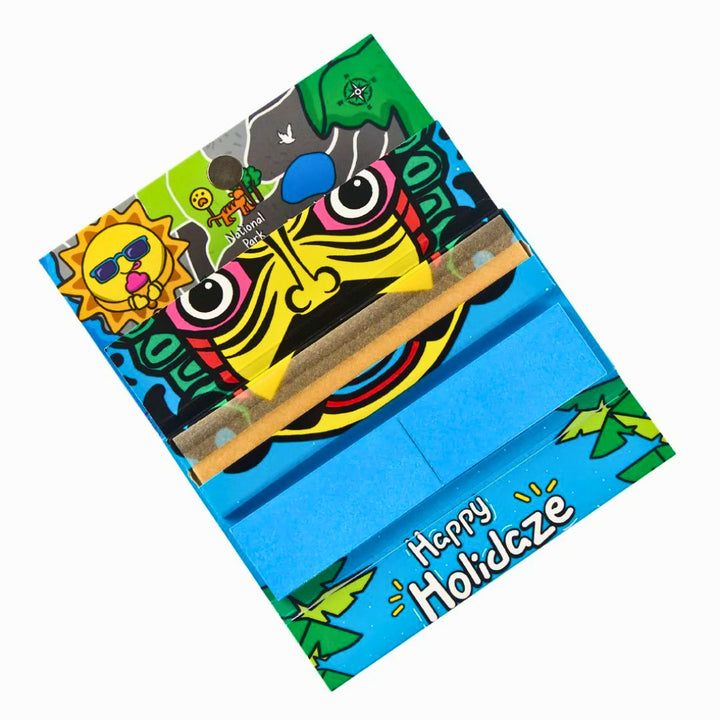 Colorful smoking accessory packaging with 'Happy Holidaze' text on a white background