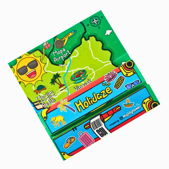 Colorful packaging with travel-themed graphics and 'Holidaze' branding.