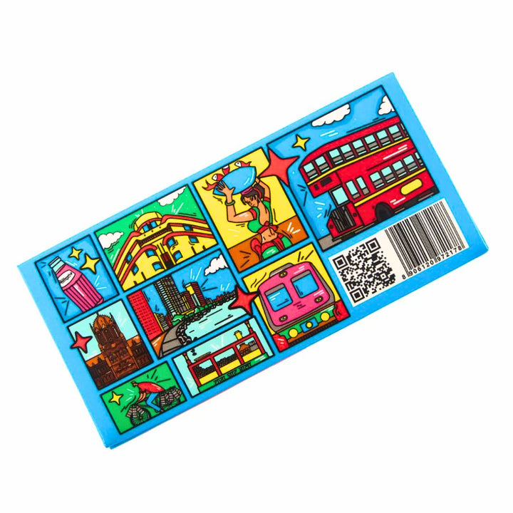 Colorful Rolling Paper packaging with illustrations of a double-decker bus, London Eye, and other landmarks on a blue background.