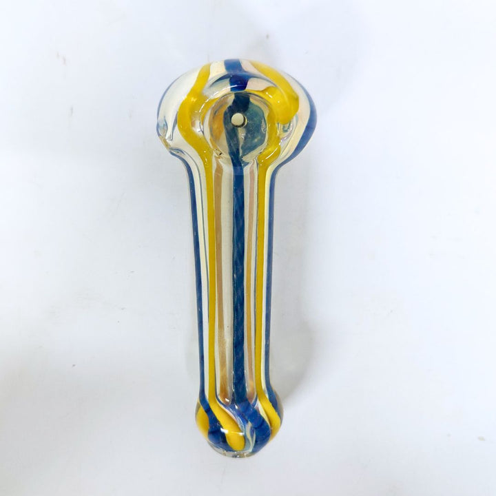 Glass pipe with blue and yellow design on a white background