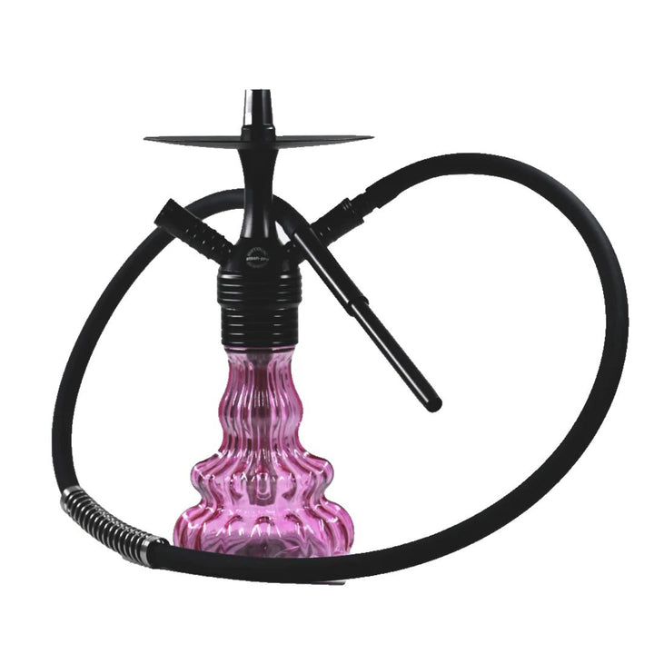 Pink glass hookah with black hose on a white background