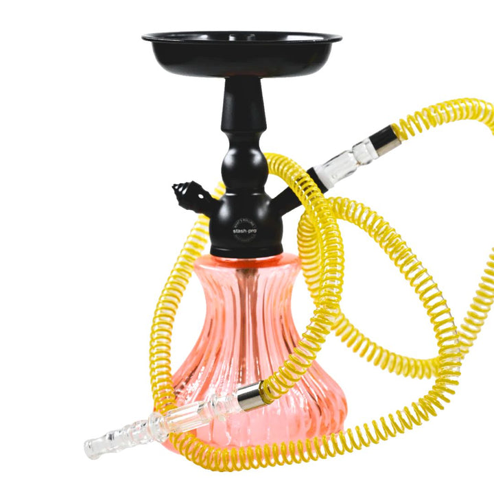 Hookah with pink base, black top, and yellow coiled hose on a white background