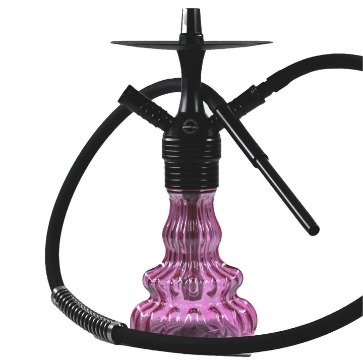 Pink glass hookah with black hoses on a white background