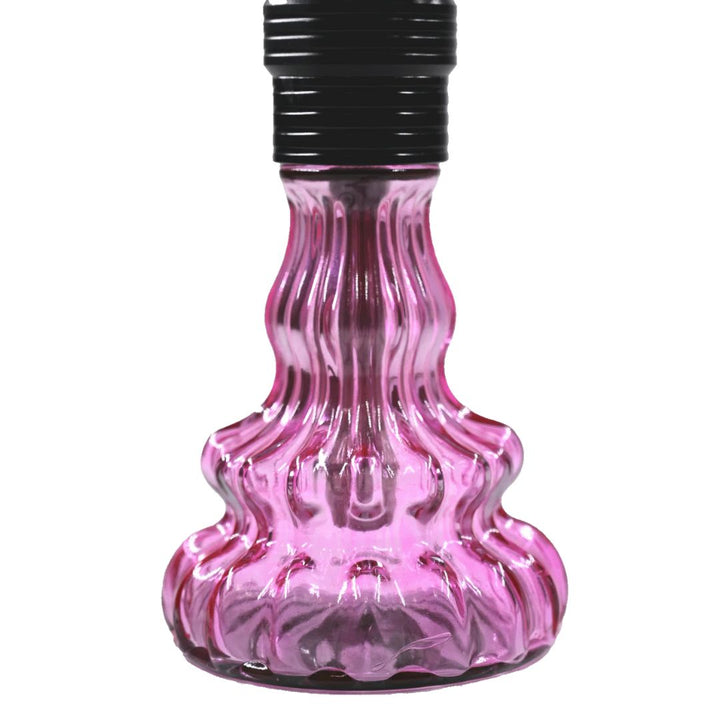 Pink glass hookah base with black top on a white background