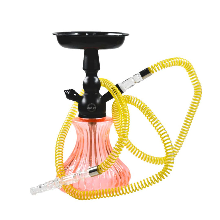 Shisha with pink base, black bowl, and yellow hose on a white background