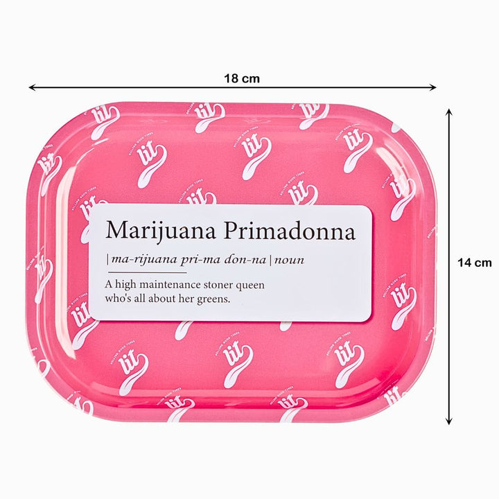 Pink tray with 'Marijuana Primadonna' label and measurements on a white background