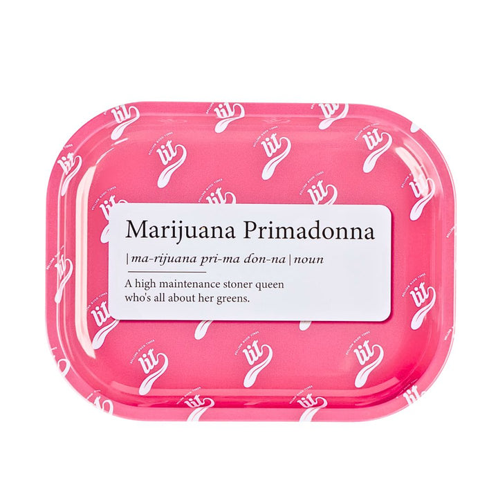 Pink Rolling tray with 'Marijuana Primadonna' text and definition on a white background