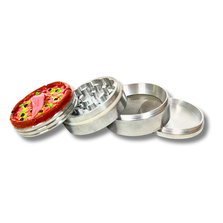 Metal grinder with a pizza design on a white background