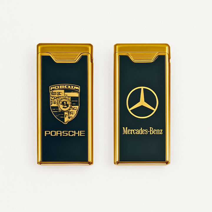 Two lighters with Porsche and Mercedes-Benz logos on a white background
