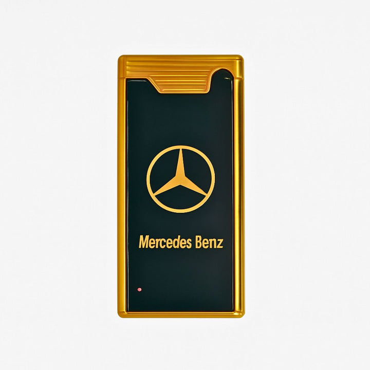 Mercedes-Benz logo on a black and gold device with a white background