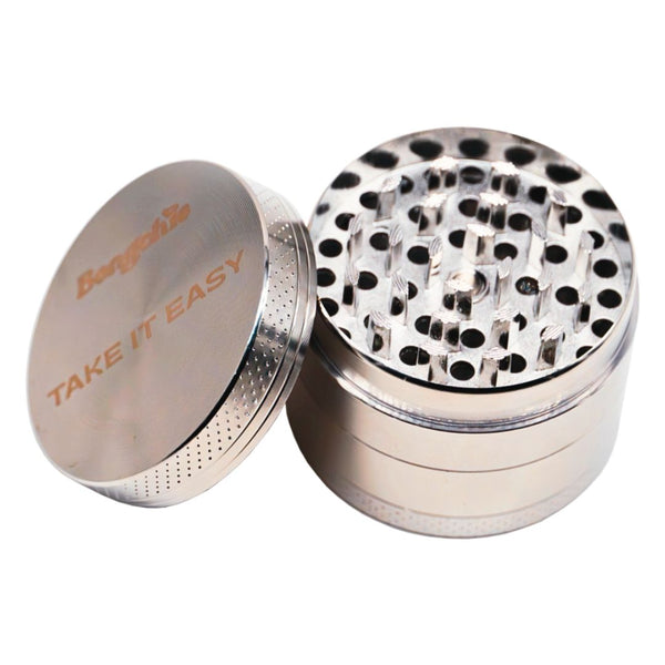 Metallic grinder with 'Take It Easy' text on a white background