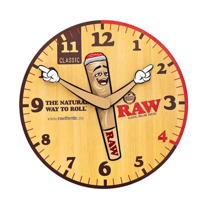 Wall clock with a cartoon character of a raw tobacco product and 'RAW' branding.