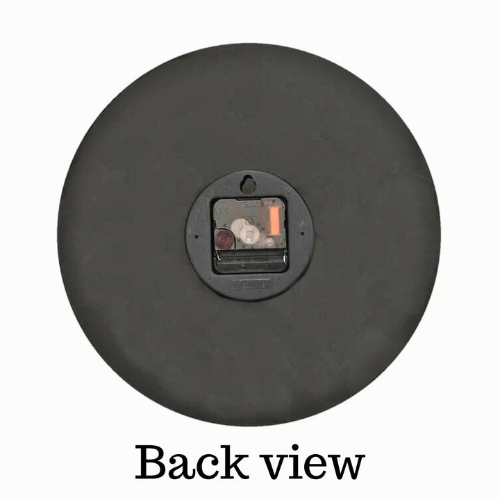 Black circular wall clock with a central component on a white background, labeled 'Back view'.