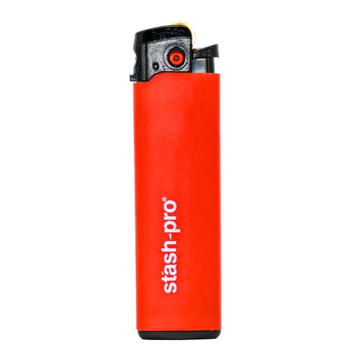 Red lighter with 'stash-pro' branding on a white background