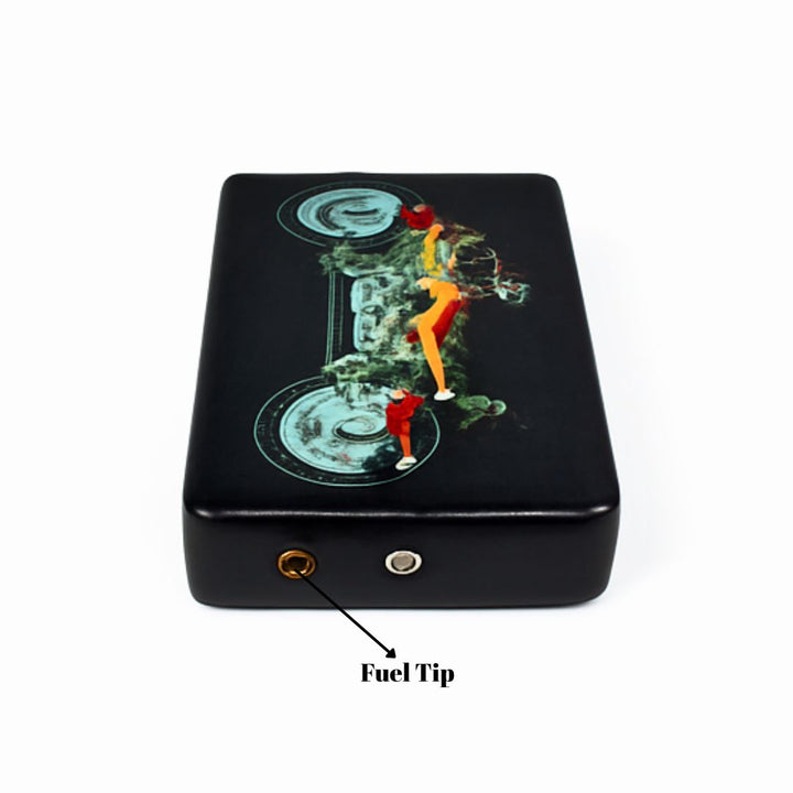 Black rectangular Lighter with artistic design and fuel tip indicator on a white background