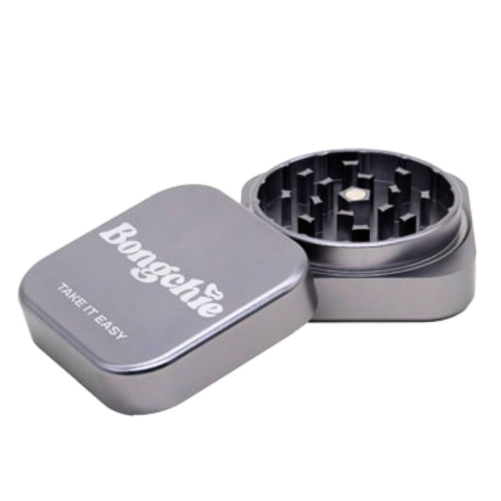 Metal grinder with 'Bongchie' branding on a white background