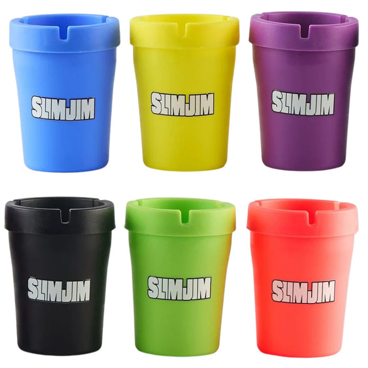 Set of six colorful Slim Jim Car Ashtray on a white background