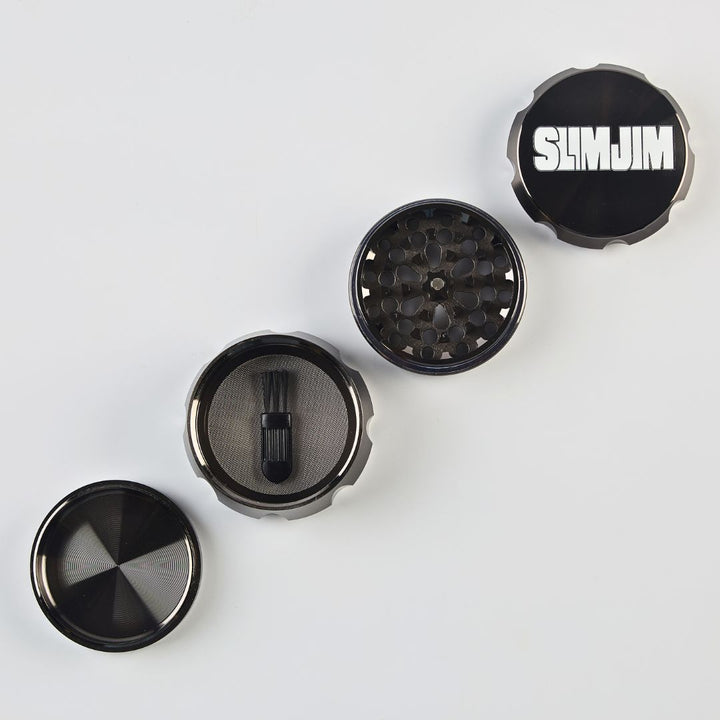 Black and silver grinder with 'SLIM JIM' branding on a white background