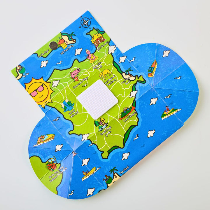 Rolling paper map with cartoon illustrations on a white background