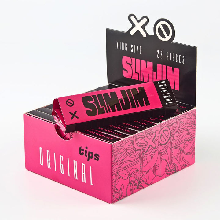 Box of Slim Jim Original Rolling paper with pink and black design on a white background