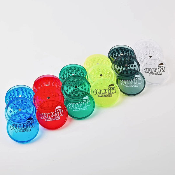 Colorful grinder set with 'Slimjim' branding on a white background
