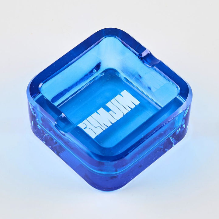 Blue transparent container with 'slimJIM' branding on a light gray background