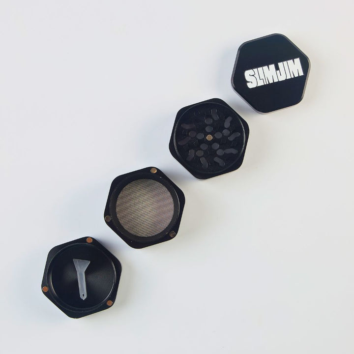 Hexagonal black weed crusher with 'Slim Jim' branding on a white background
