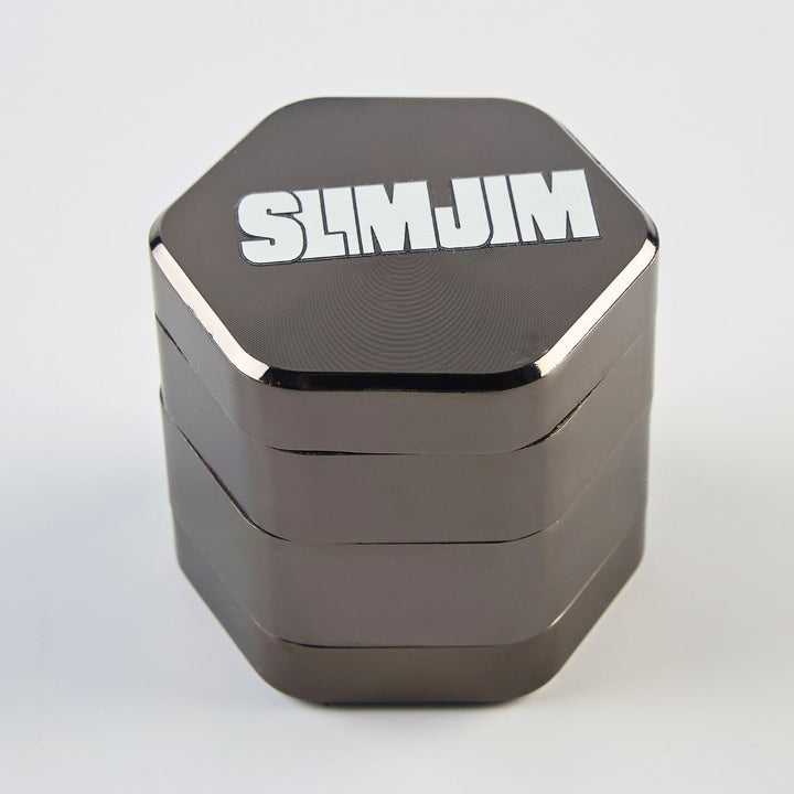 Hexagonal metal grinder with 'SLIMJIM' branding on a light gray background