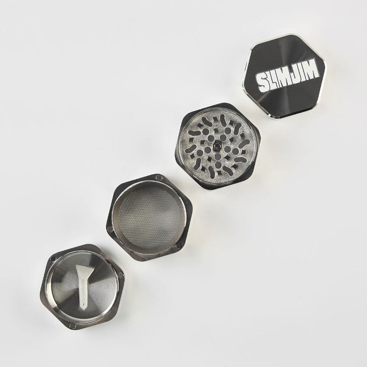 Hexagonal metal crusher with 'Slim Jim' branding on a white background
