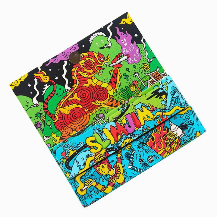 rolling Paper with Colorful psychedelic-style design with a cat smoking a cigarette on a white background