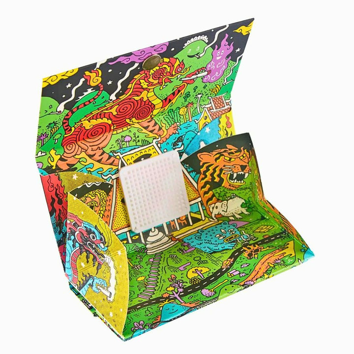 Colorful folding Rolling Paper with tray and animal designs on a white background