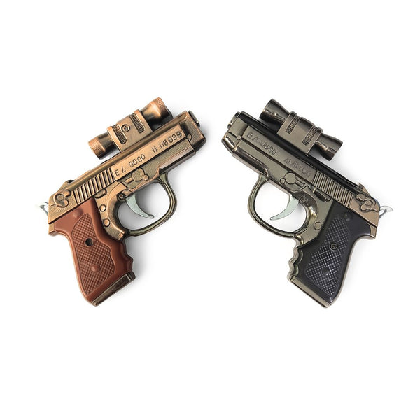 Two decorative gun-shaped objects on a white background