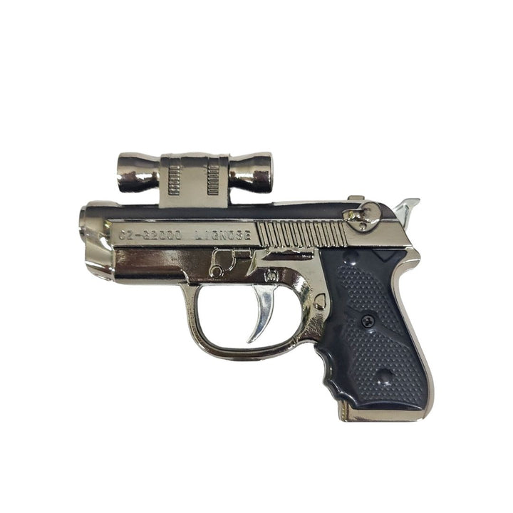 Silver gun-shaped object with a black handle on a white background