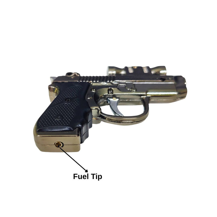 Metallic keychain gun with a labeled 'Fuel Tip' on a white background