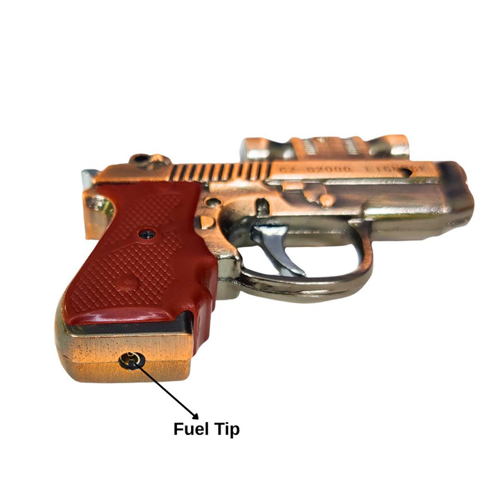 Model of a gun with a red fuel tip labeled on a white background