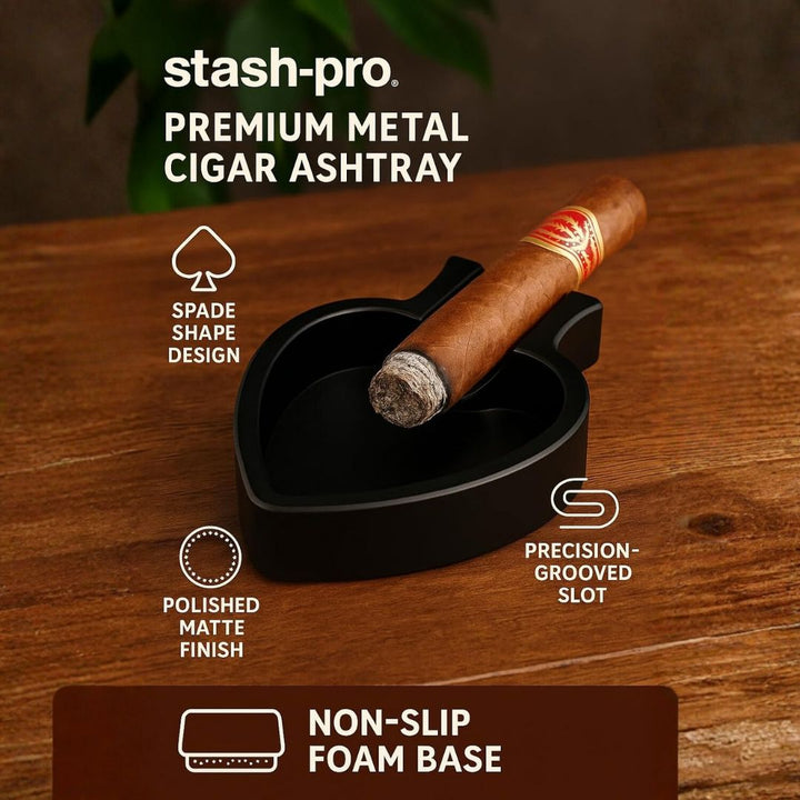Black metal cigar ashtray with a cigar on a wooden surface, featuring stash-pro branding and product features.