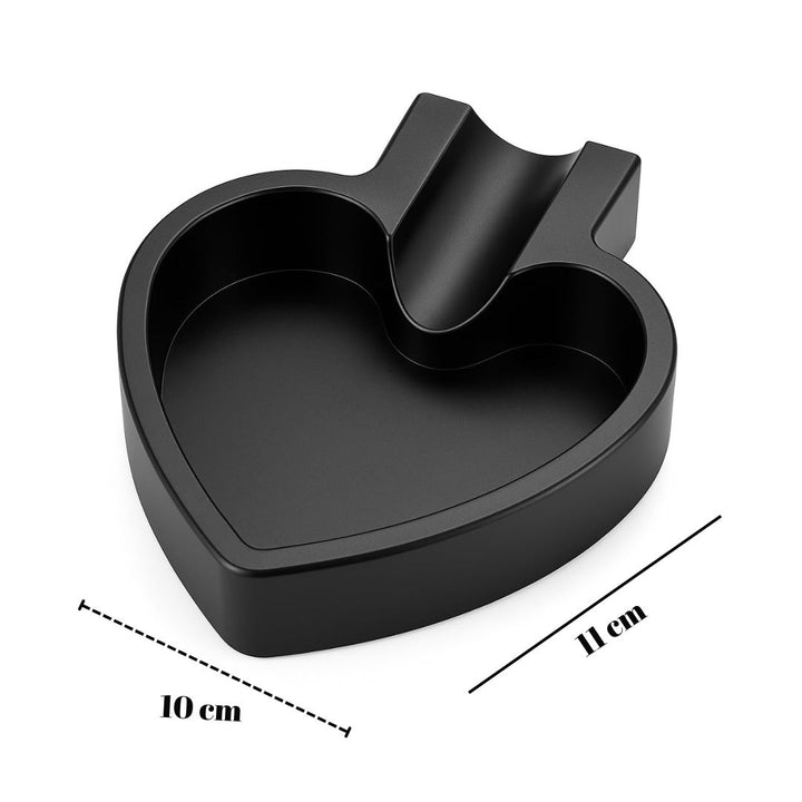 Black heart-shaped car cup holder with dimensions on a white background