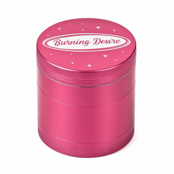 Pink grinder with 'Burning Desire' text on a white background
