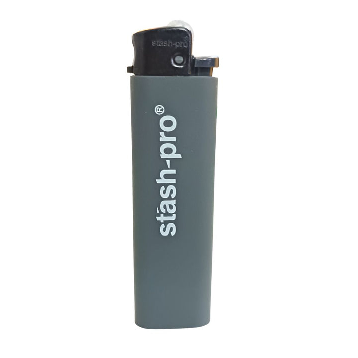 Gray lighter with 'stash-pro' branding on a white background