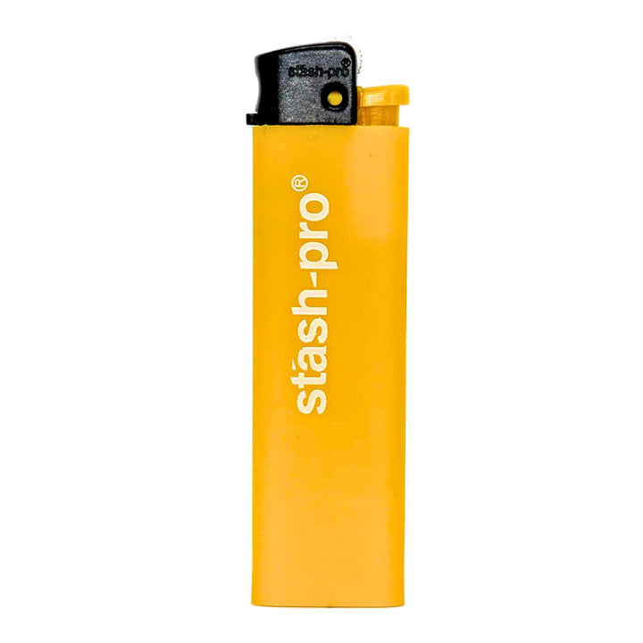 Yellow lighter with 'stash-pro' branding on a white background