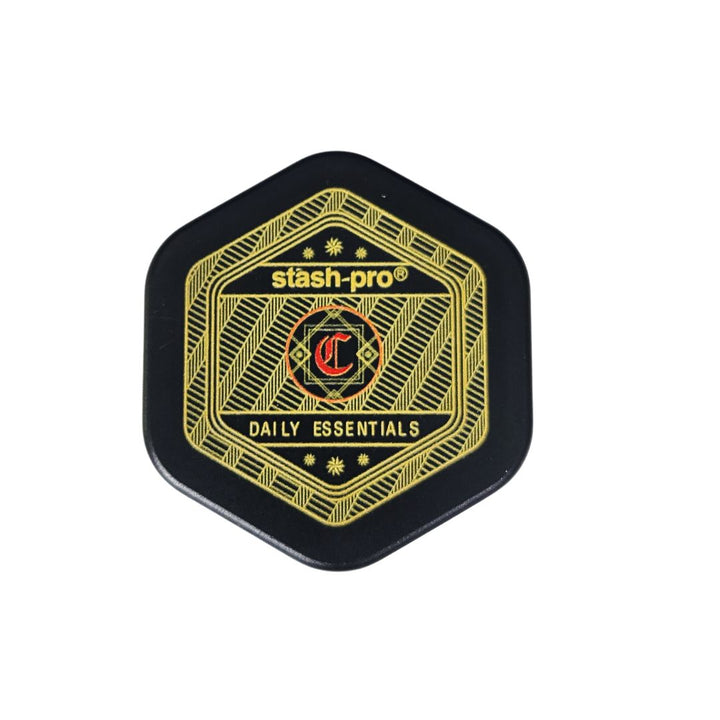 Hexagonal black and gold grinder with 'stash-pro' branding on a white background