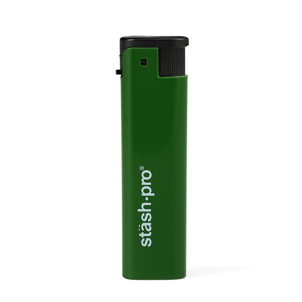 Green lighter with 'stash pro' branding on a white background