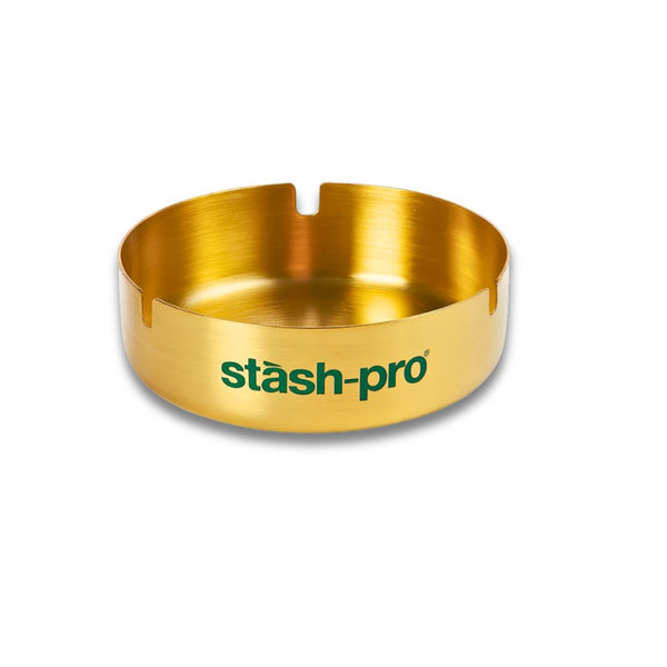 Gold-colored ashtray with 'stash-pro' branding on a white background