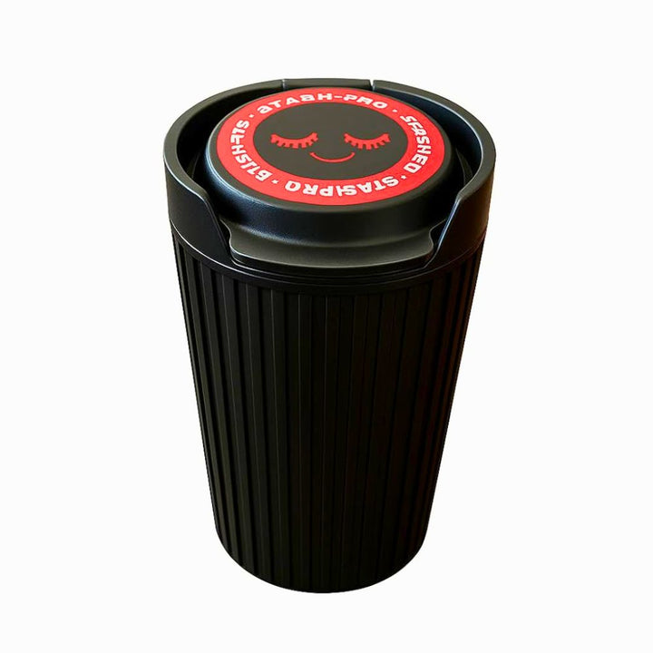 Car ashtray with a red lid featuring 'Stash Pro' branding on a white background