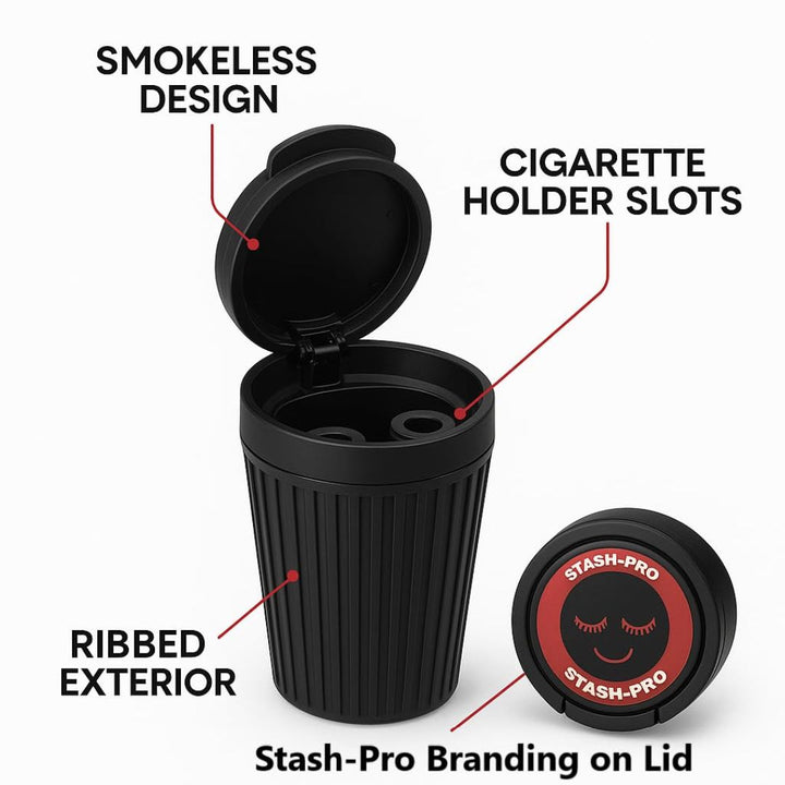 Black cigarette ashtray with features labeled on a white background